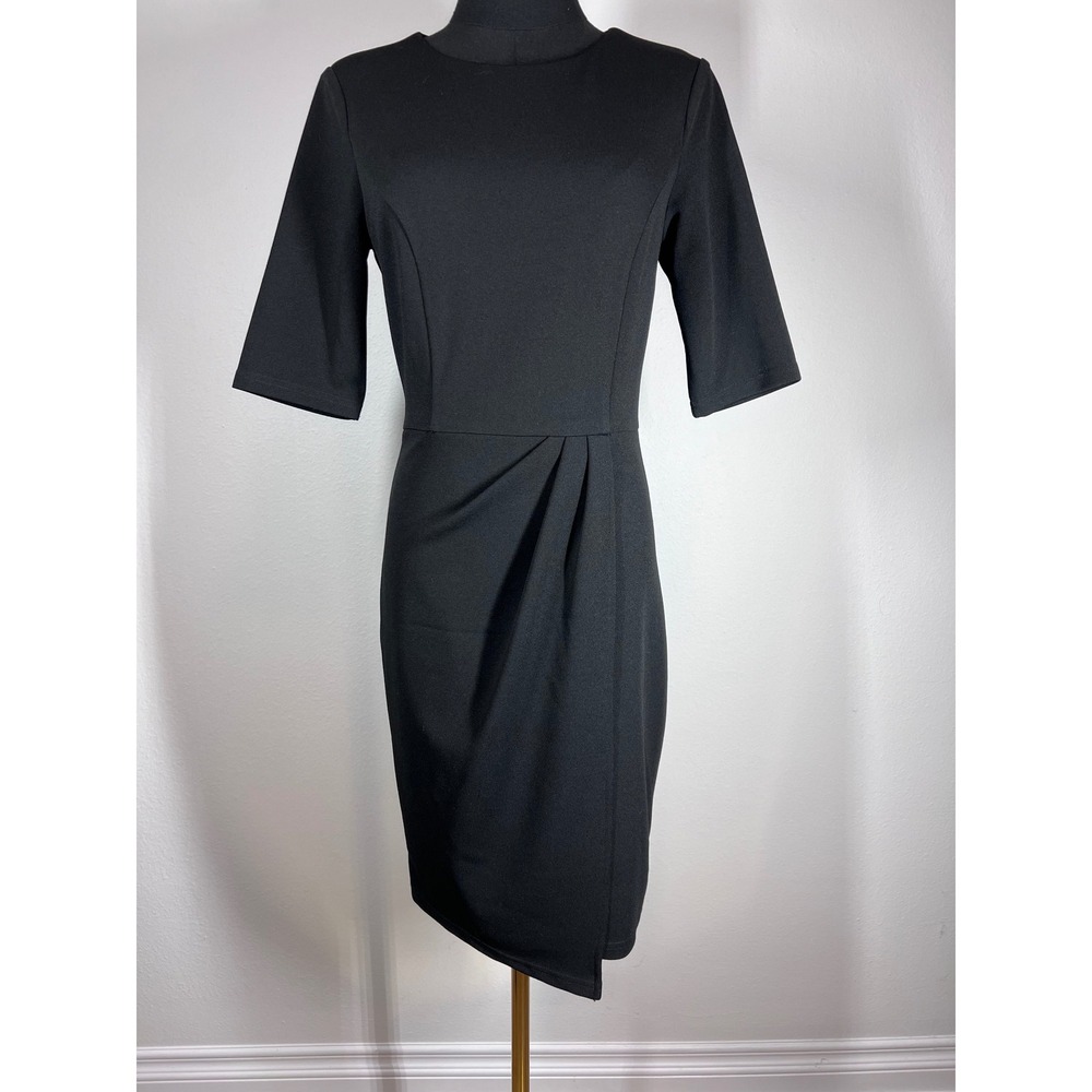 Lulus Black Short Sleeve Pleated Sheath Dress Asymmetrical Hem NWT Size S
